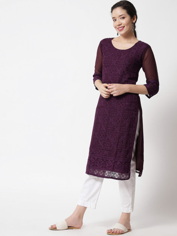 Women Georgette Fabric with Chikan Embroidery Straight Kurta