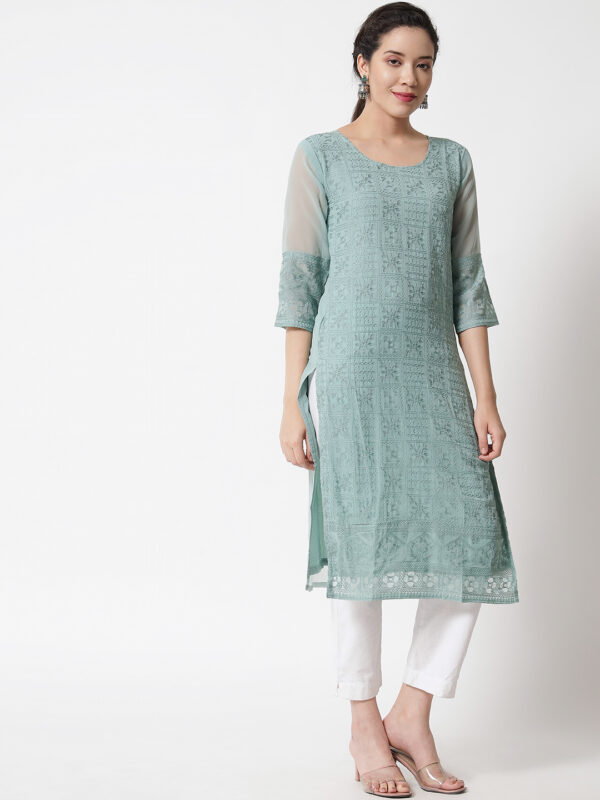 Women Georgette Fabric with Chikan Embroidery Straight Kurta