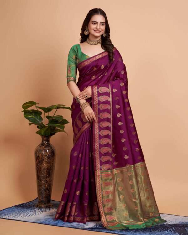 Women Banarasi Silk with Jacquard work wine color Saree with Blouse