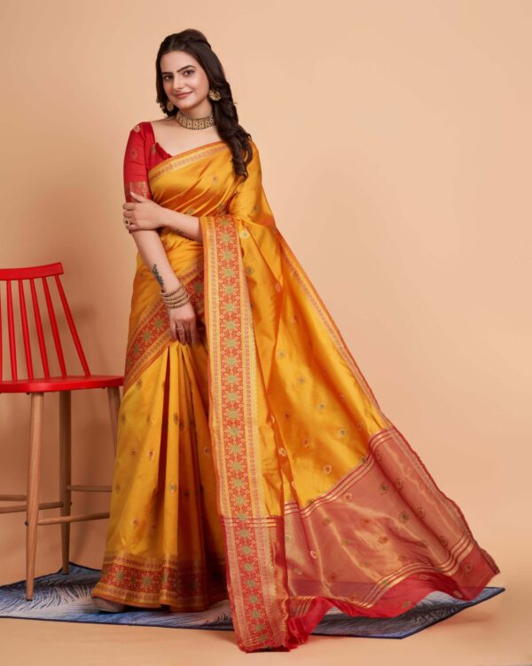 Women Banarasi Silk with Jacquard work yellow color Saree with red color Blouse