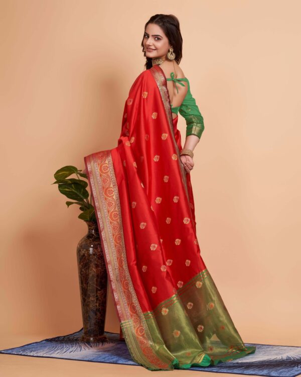 Women Banarasi Silk with Jacquard work Orange color Saree with Green color Blouse