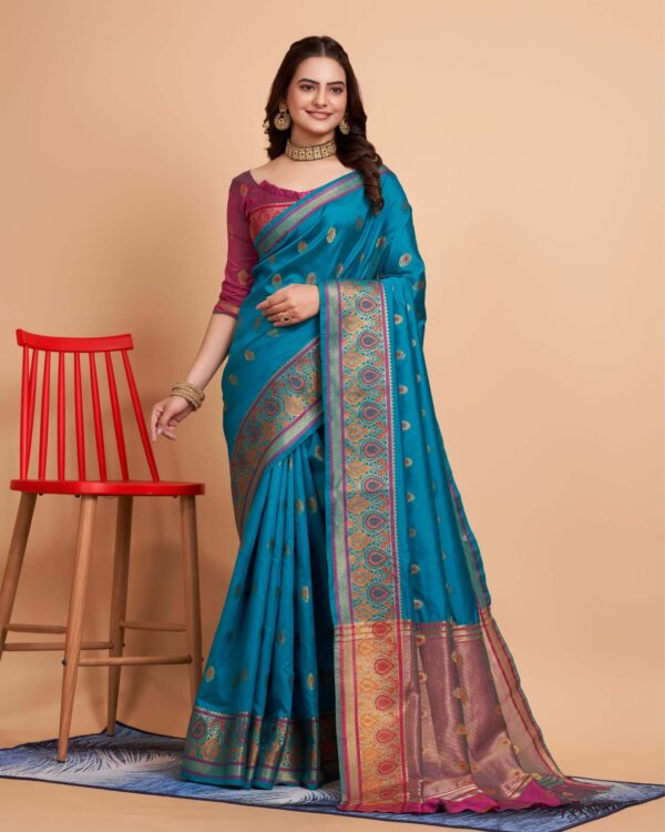 Women Banarasi Silk with Jacquard work blue color Saree with Red color Blouse