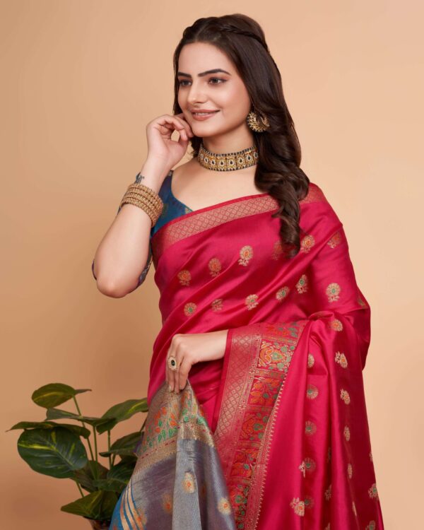 Women Banarasi Silk with Jacquard work Red color Saree with Blue color Blouse