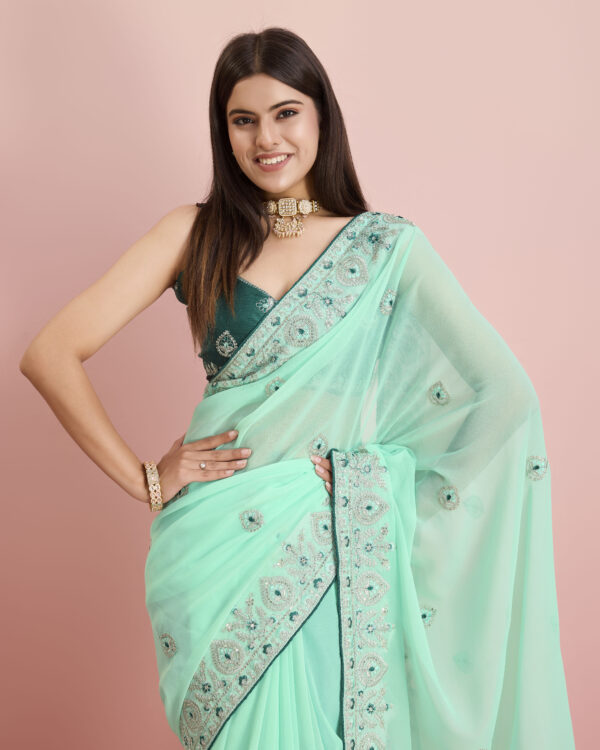 Sofisty Women’s Sequences Embroidery Soft Georgette Ready-to-Wear Saree with Blouse Piece