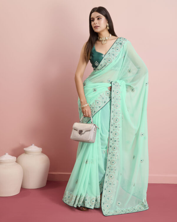 Sofisty Women’s Sequences Embroidery Soft Georgette Ready-to-Wear Saree with Blouse Piece