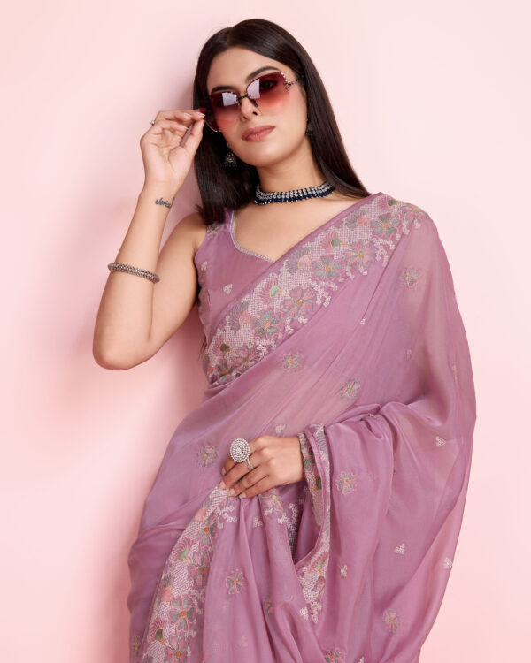 Sofisty Women’s Coding Embroidery Soft Organza Silk Ready-to-Wear Saree with Blouse Piece