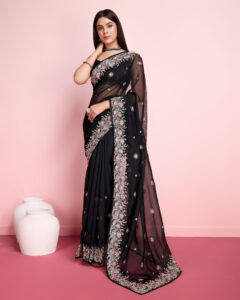 Sofisty Women’s Coding Embroidery Soft Organza Silk Ready-to-Wear Saree with Blouse Piece