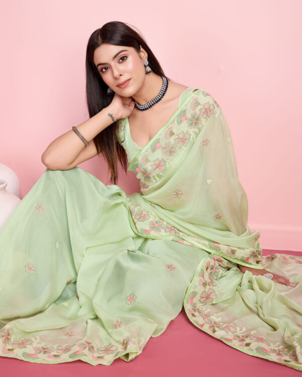 Sofisty Women’s Coding Embroidery Soft Organza Silk Ready-to-Wear Saree with Blouse Piece