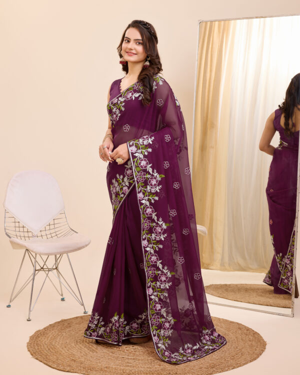 Sofisty Women’s Kanthi Embroidery Soft Organza Silk Ready-to-Wear Saree with Blouse Piece - Image 2