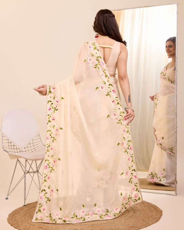 Sofisty Women’s Kanthi Embroidery Soft Organza Silk Ready-to-Wear Saree with Blouse Piece - Image 3