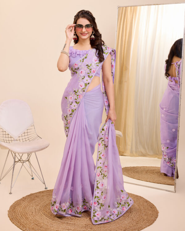 Sofisty Women’s Kanthi Embroidery Soft Organza Silk Ready-to-Wear Saree with Blouse Piece - Image 4