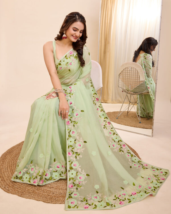 Sofisty Women’s Kanthi Embroidery Soft Organza Silk Ready-to-Wear Saree with Blouse Piece - Image 5