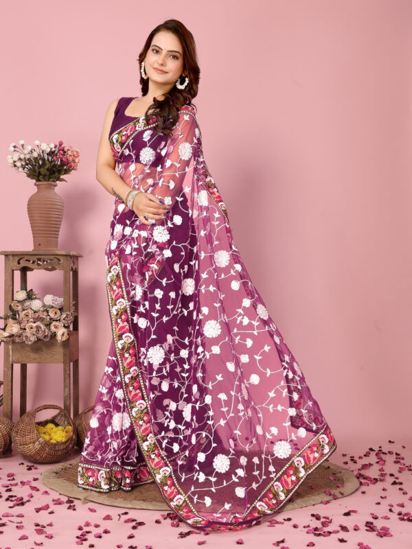 Sofisty Women’s Soft Net Saree with Aari Embroidery Work & Blouse Piece | Elegant Party & Wedding Wear | Lightweight Ethnic Saree for Festive Occasions - Image 2