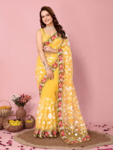Sofisty Women’s Fastival Soft Net fabric with Aari Embroidered work Saree with Blouse