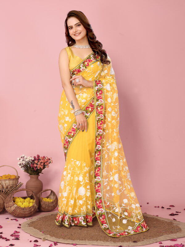 Sofisty Women’s Fastival Soft Net fabric with Aari Embroidered work Saree with Blouse