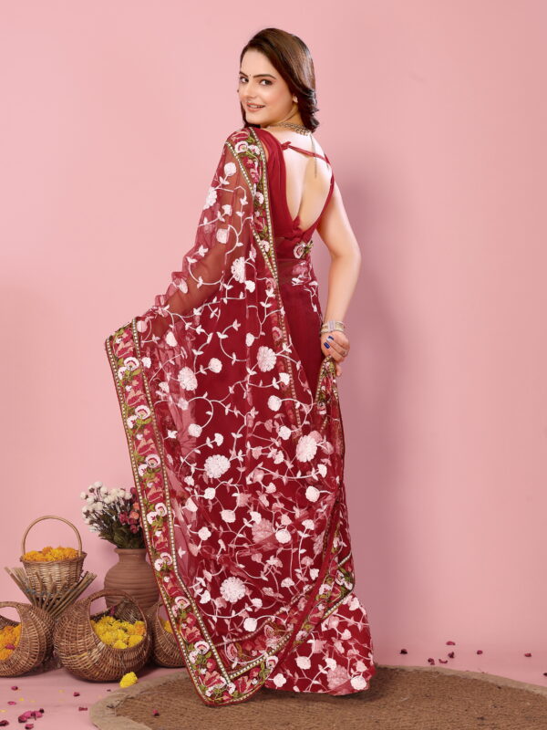 Sofisty Women’s Soft Net Saree with Aari Embroidery Work & Blouse Piece | Elegant Party & Wedding Wear | Lightweight Ethnic Saree for Festive Occasions - Image 4