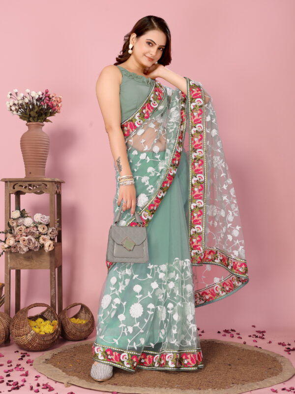 Sofisty Women’s Soft Net Saree with Aari Embroidery Work & Blouse Piece | Elegant Party & Wedding Wear | Lightweight Ethnic Saree for Festive Occasions - Image 5