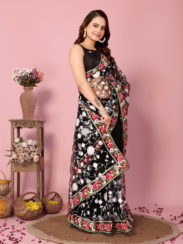 Sofisty Women’s Soft Net Saree with Aari Embroidery Work & Blouse Piece | Elegant Party & Wedding Wear | Lightweight Ethnic Saree for Festive Occasions - Image 6