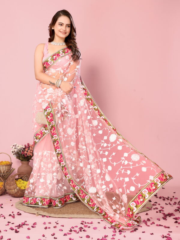 Sofisty Women’s Soft Net Saree with Aari Embroidery Work & Blouse Piece | Elegant Party & Wedding Wear | Lightweight Ethnic Saree for Festive Occasions - Image 3
