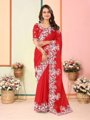 Sofisty Women’s Embroidered Rangoli Silk Sari with Blouse | Ethnic Wear for Special Occasions (RED)