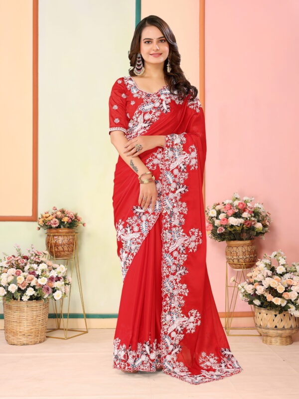 Sofisty Women’s Embroidered Rangoli Silk Sari with Blouse | Ethnic Wear for Special Occasions (RED)