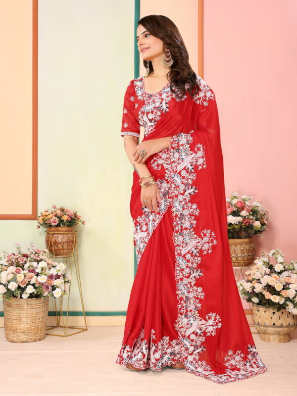 Sofisty Women’s Embroidered Rangoli Silk Sari with Blouse | Ethnic Wear for Special Occasions (RED) - Image 2