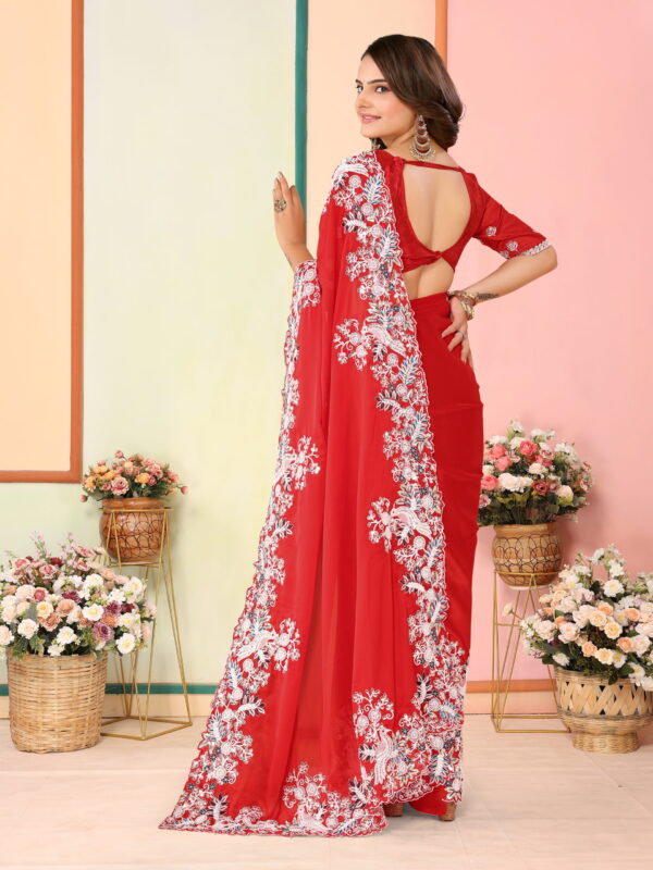 Sofisty Women’s Embroidered Rangoli Silk Sari with Blouse | Ethnic Wear for Special Occasions (RED) - Image 3
