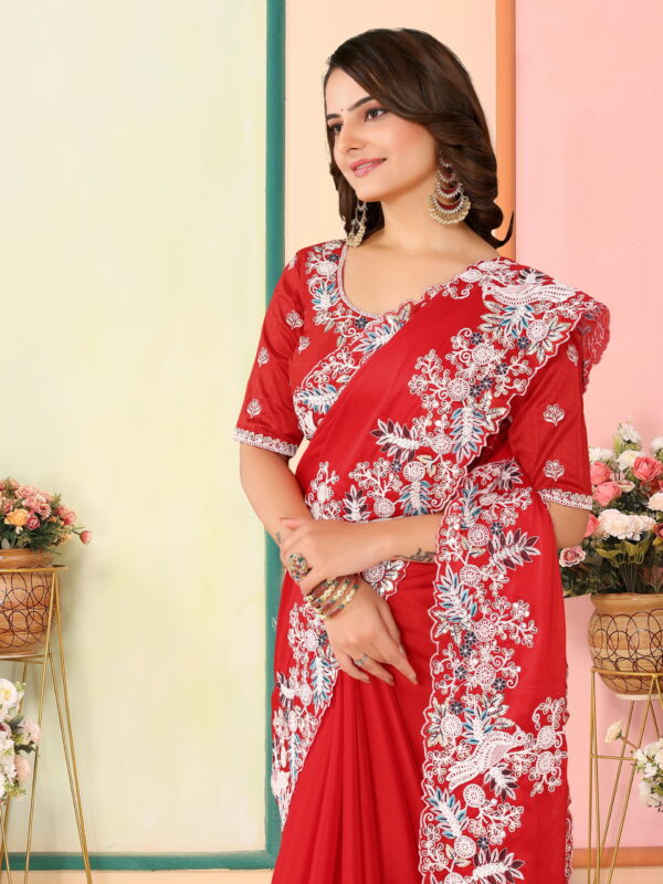 Sofisty Women’s Embroidered Rangoli Silk Sari with Blouse | Ethnic Wear for Special Occasions (RED) - Image 4