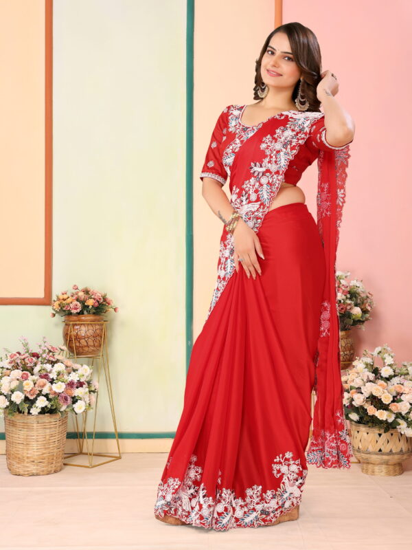 Sofisty Women’s Embroidered Rangoli Silk Sari with Blouse | Ethnic Wear for Special Occasions (RED) - Image 5