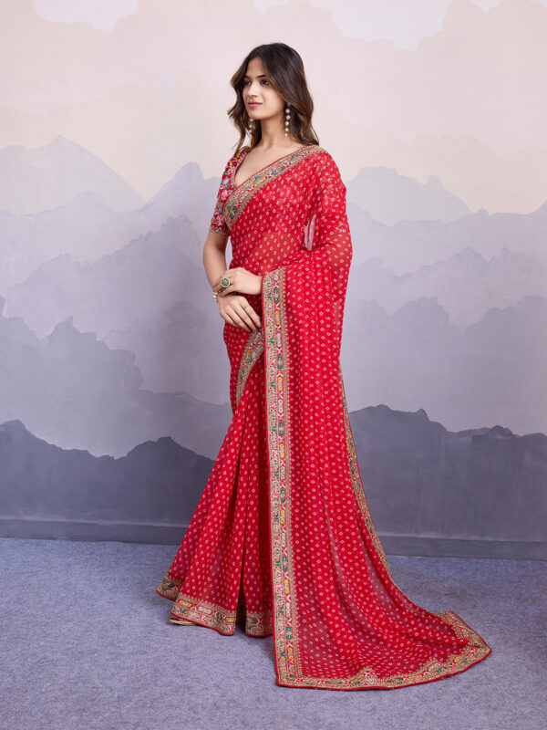 Sofisty Women’s Bandhani Printed Georgette Saree with Embroidered Lace Border & Blouse | Ethnic Wear for Special Occasions - Image 8