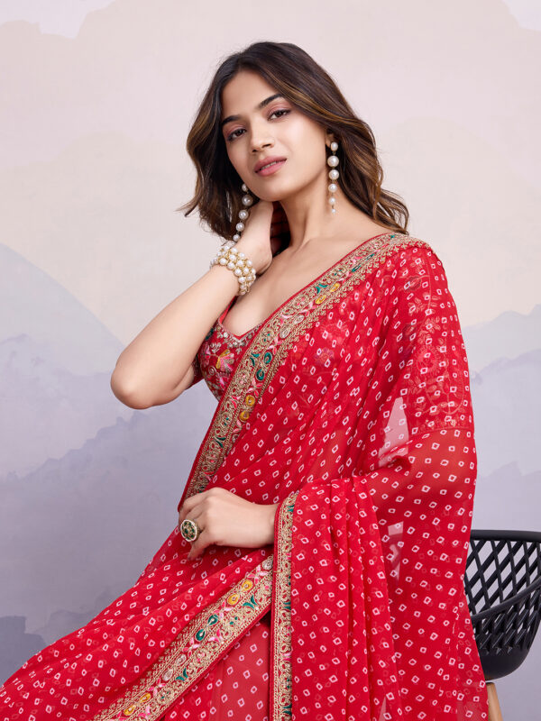 Sofisty Women’s Bandhani Printed Georgette Saree with Embroidered Lace Border & Blouse | Ethnic Wear for Special Occasions - Image 5