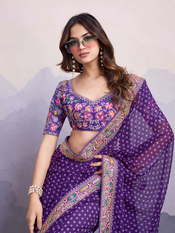 Sofisty Women’s Bandhani Printed Georgette Saree with Embroidered Lace Border & Blouse | Ethnic Wear for Special Occasions