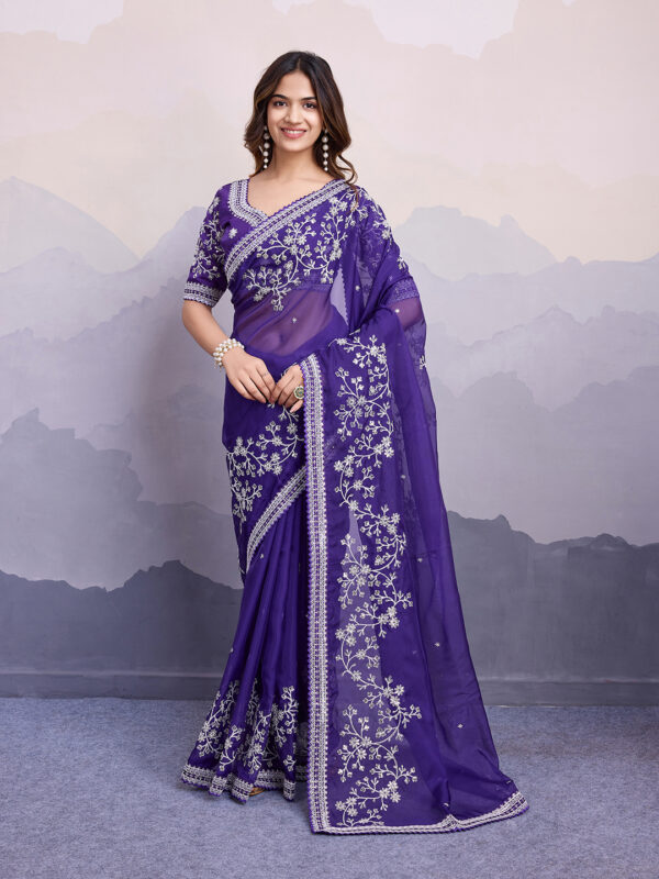 Sofisty Women’s Embroidery Soft Organza Silk Saree with Blouse Piece