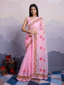 Sofisty Women’s Soft Net Saree with Aari Embroidery Work & Blouse Piece