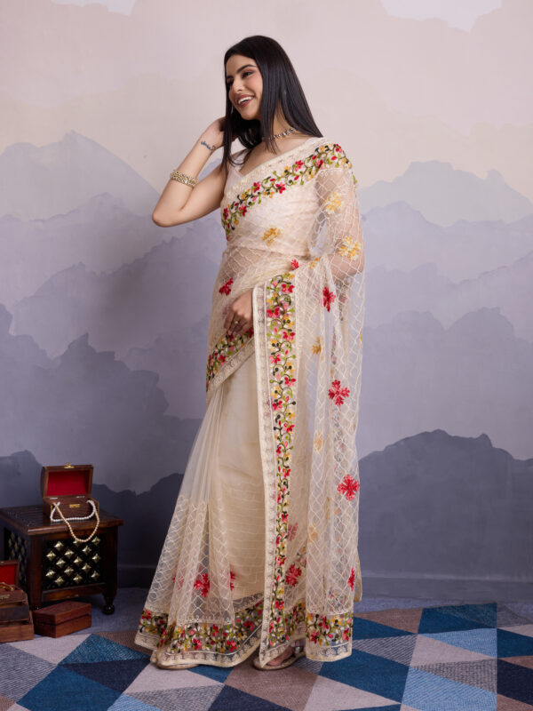 Sofisty Women’s Soft Net Saree with Aari Embroidery Work & Blouse Piece - Image 2