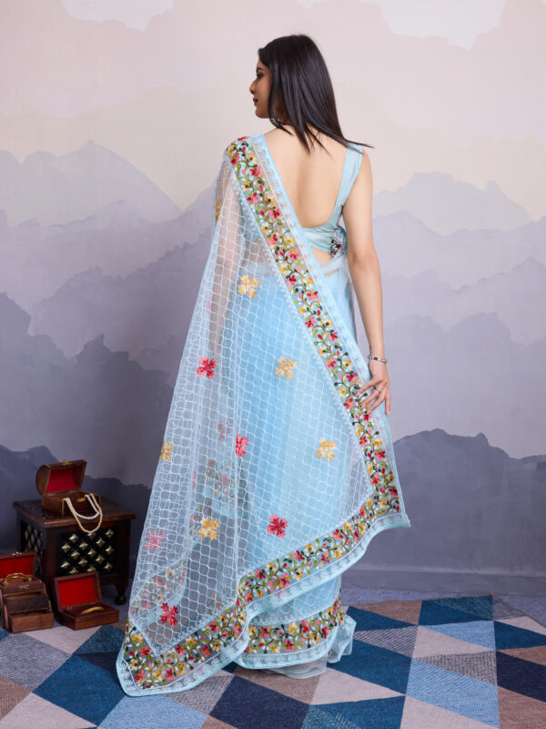 Sofisty Women’s Soft Net Saree with Aari Embroidery Work & Blouse Piece - Image 3