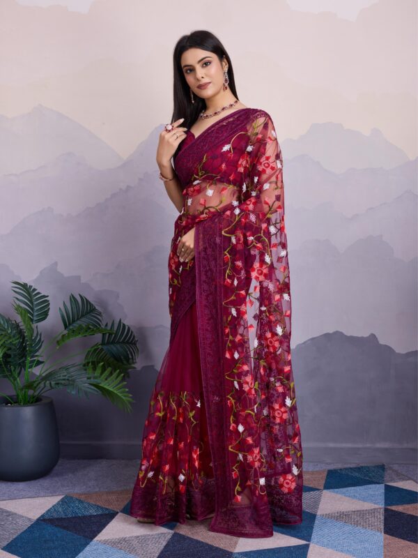 Sofisty Women’s Soft Net Fabric with Aari Embroidery Work Saree with Blouse Piece - Image 2
