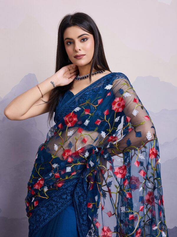 Sofisty Women’s Soft Net Fabric with Aari Embroidery Work Saree with Blouse Piece - Image 4