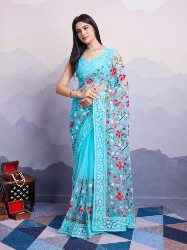 Sofisty Women’s Soft Net Fabric with Aari Embroidery Work Saree with Blouse Piece