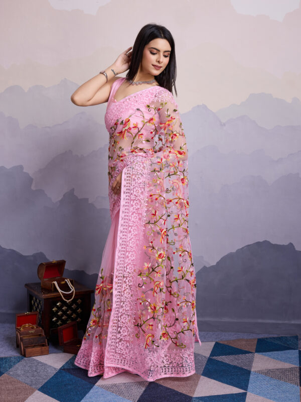 Sofisty Women’s Soft Net Fabric with Aari Embroidery Work Saree with Blouse Piece - Image 2