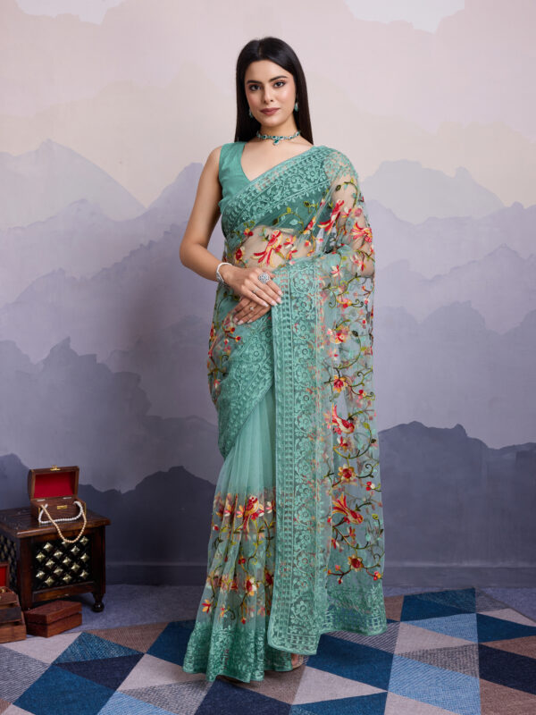 Sofisty Women’s Soft Net Fabric with Aari Embroidery Work Saree with Blouse Piece