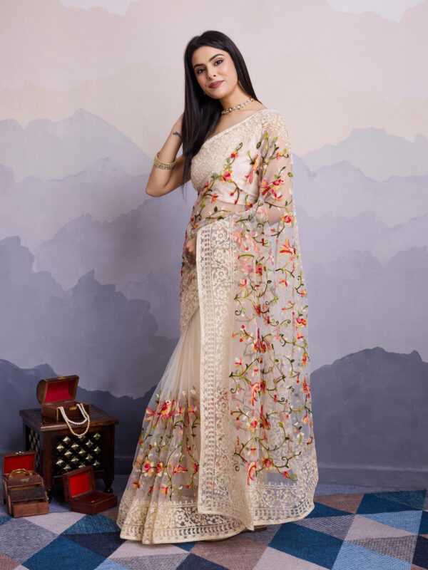 Sofisty Women’s Soft Net Fabric with Aari Embroidery Work Saree with Blouse Piece - Image 3