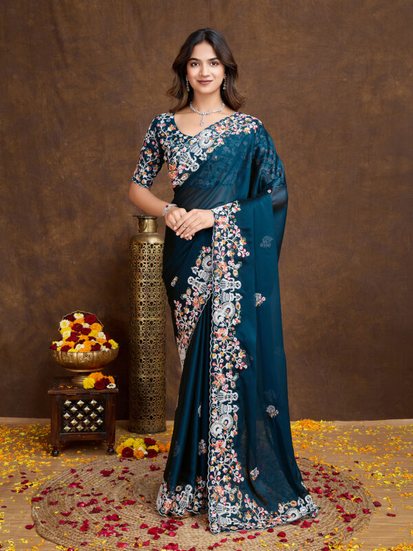 Sofisty Women’s Embroidered Rangoli Silk Sari with Blouse | Ethnic Wear for Special Occasions (Teal) - Image 2