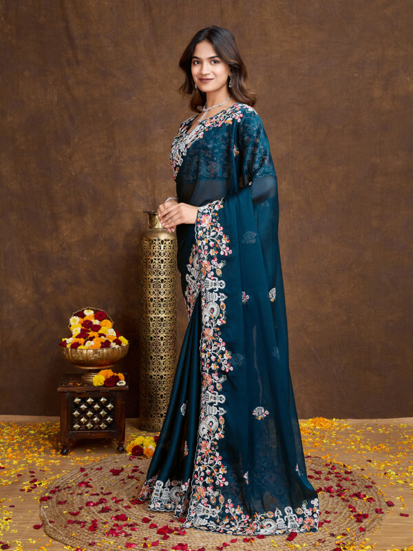 Sofisty Women’s Embroidered Rangoli Silk Sari with Blouse | Ethnic Wear for Special Occasions (Teal) - Image 5