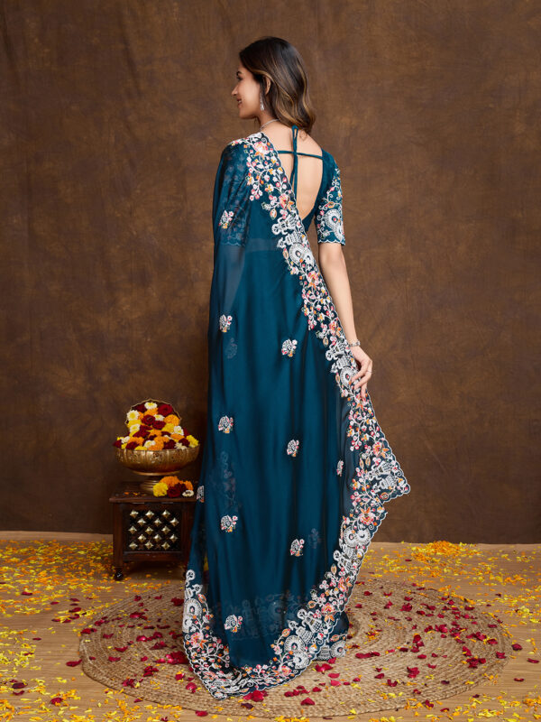 Sofisty Women’s Embroidered Rangoli Silk Sari with Blouse | Ethnic Wear for Special Occasions (Teal) - Image 6