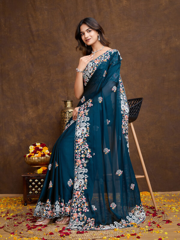 Sofisty Women’s Embroidered Rangoli Silk Sari with Blouse | Ethnic Wear for Special Occasions (Teal) - Image 4