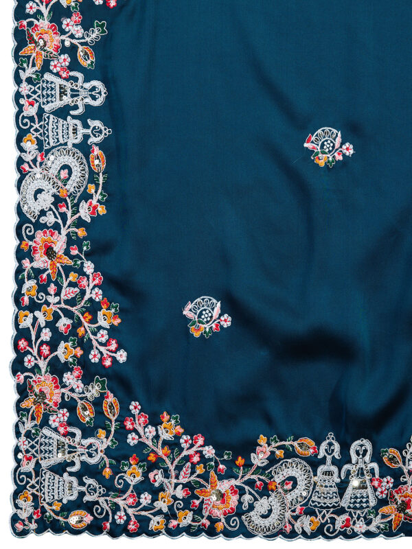 Sofisty Women’s Embroidered Rangoli Silk Sari with Blouse | Ethnic Wear for Special Occasions (Teal) - Image 8