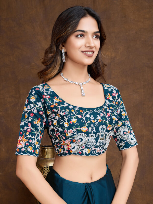 Sofisty Women’s Embroidered Rangoli Silk Sari with Blouse | Ethnic Wear for Special Occasions (Teal) - Image 7