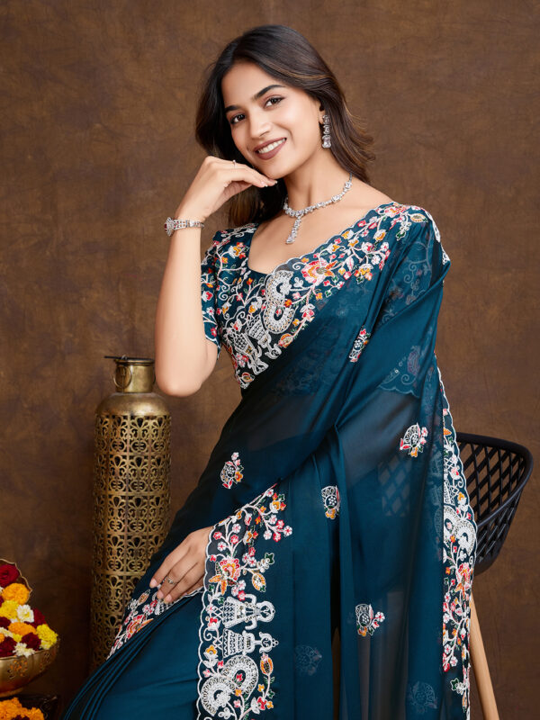 Sofisty Women’s Embroidered Rangoli Silk Sari with Blouse | Ethnic Wear for Special Occasions (Teal) - Image 3