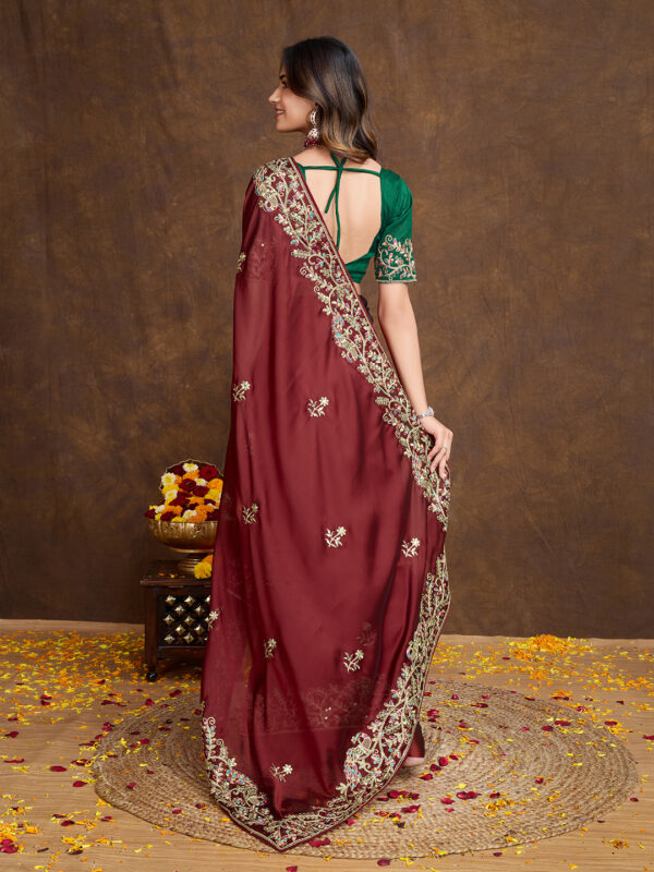 Sofisty Women’s Embroidered Rangoli Silk Sari with Blouse | Ethnic Wear for Special Occasions (Maroon) - Image 6